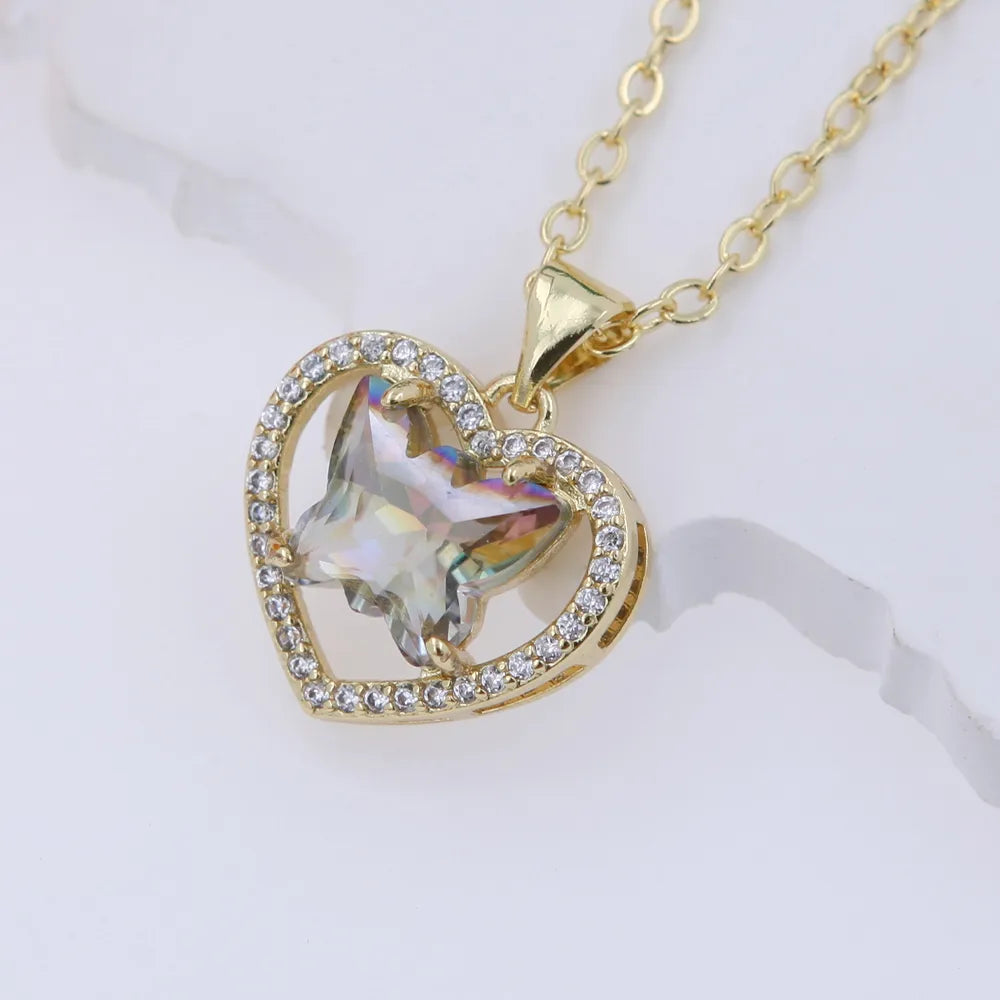 Copper 18K Gold Plated Hollow Out Inlay Heart Shape Butterfly Zircon Pendant Necklace