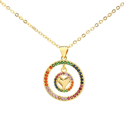 Copper 18K Gold Plated Hollow Out Inlay Round Heart Shape Zircon Pendant Necklace