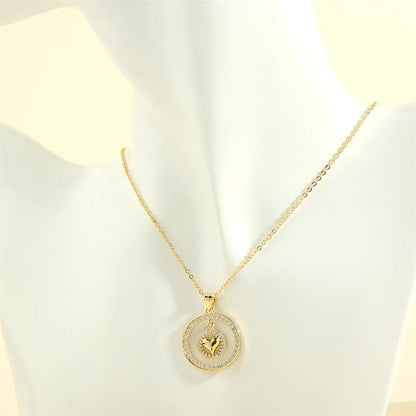 Copper 18K Gold Plated Hollow Out Inlay Round Heart Shape Zircon Pendant Necklace