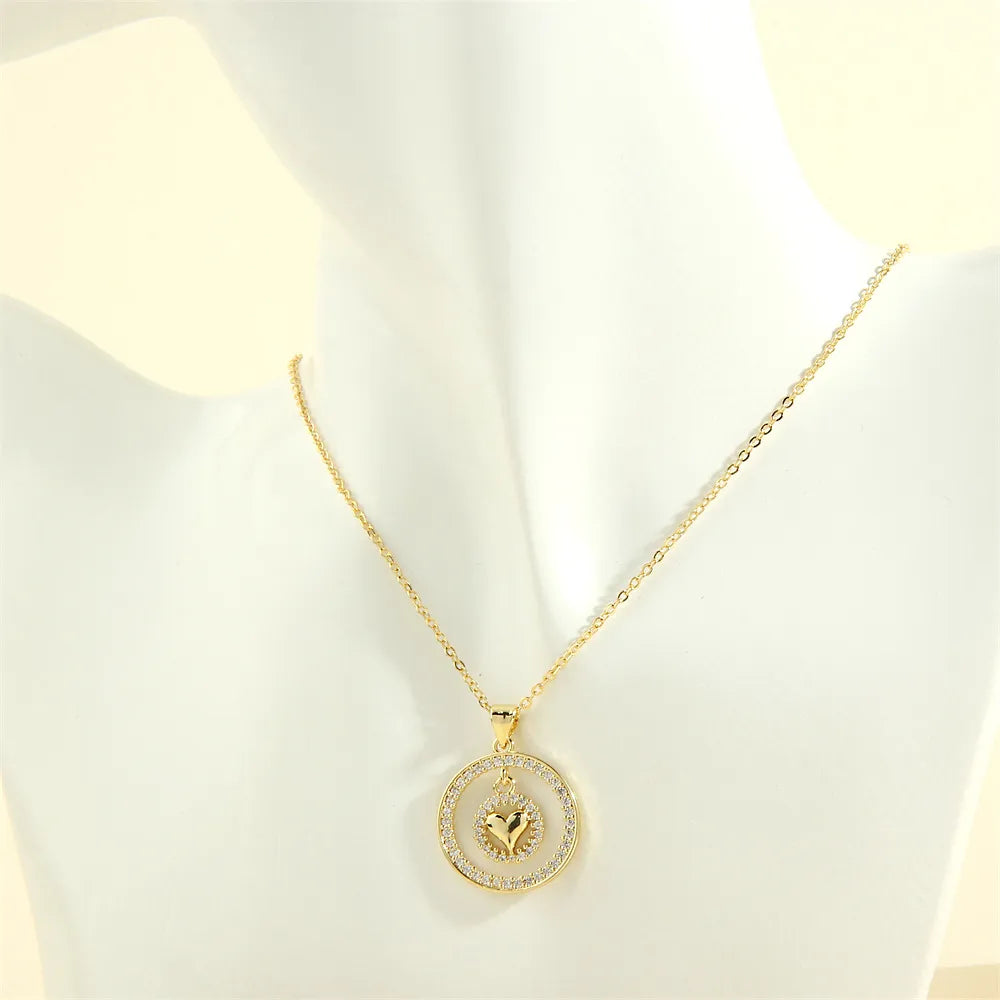 Copper 18K Gold Plated Hollow Out Inlay Round Heart Shape Zircon Pendant Necklace