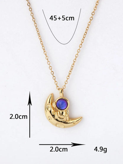 Copper 18K Gold Plated IG Style Astronaut Moon Inlay Zircon Pendant Necklace