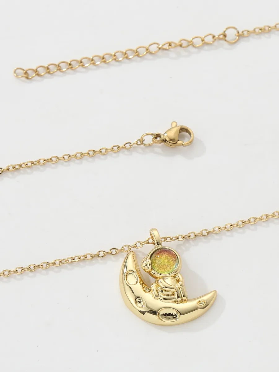 Copper 18K Gold Plated IG Style Astronaut Moon Inlay Zircon Pendant Necklace