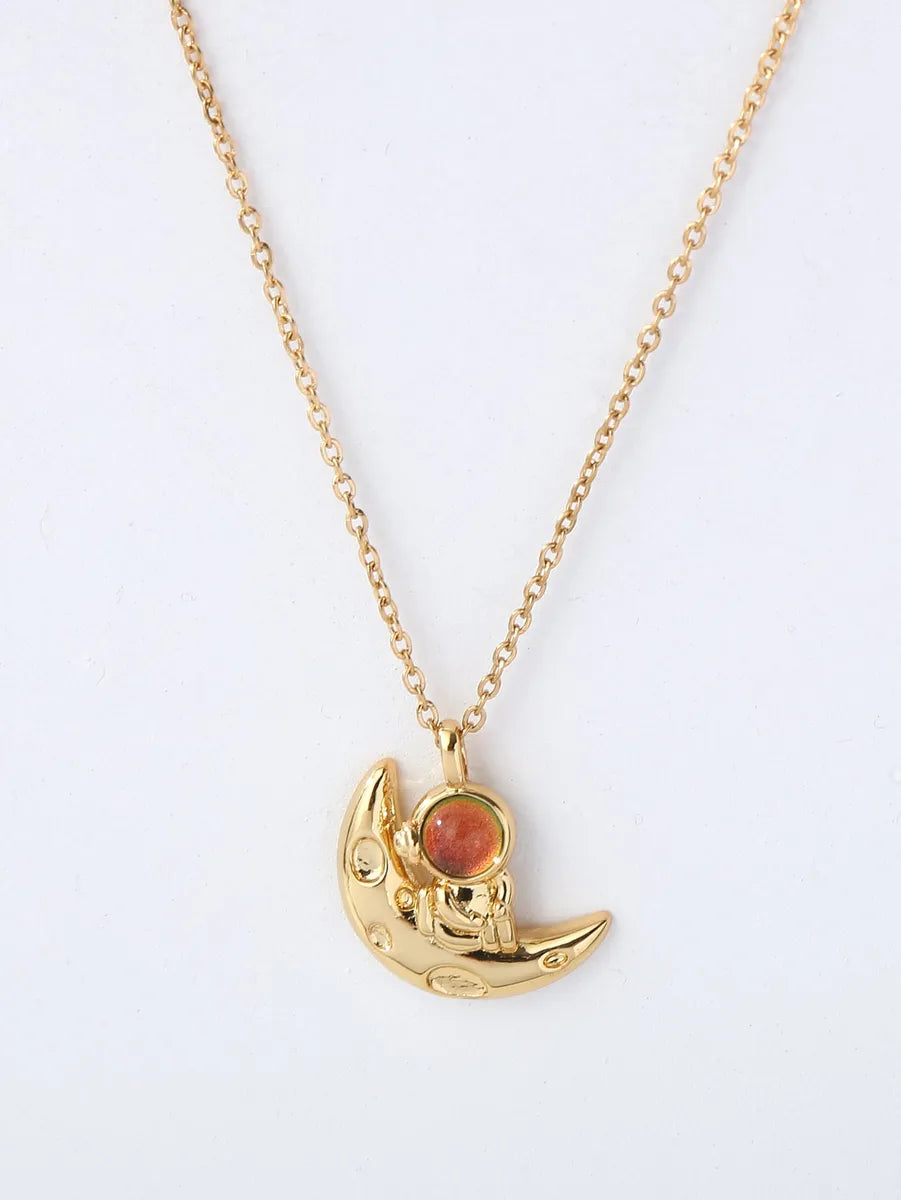 Copper 18K Gold Plated IG Style Astronaut Moon Inlay Zircon Pendant Necklace