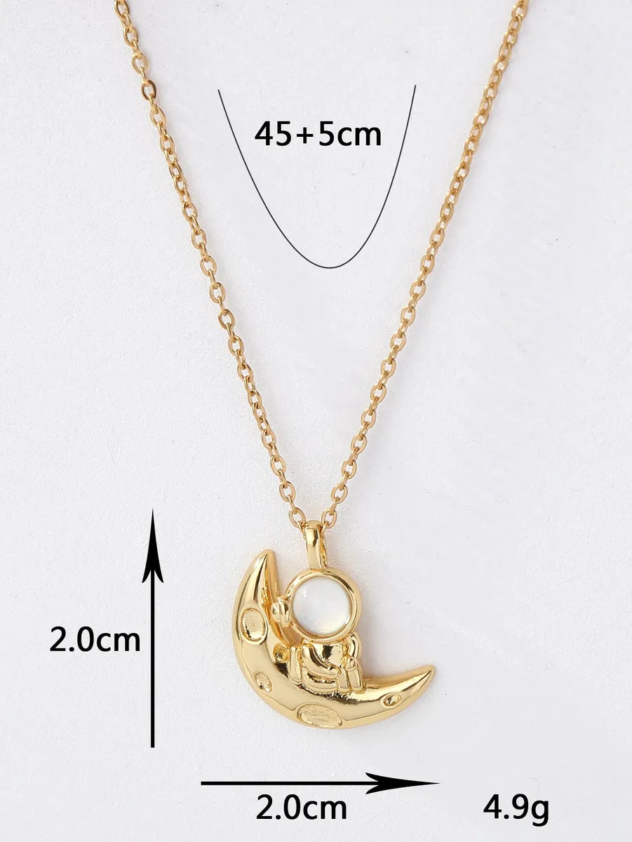 Copper 18K Gold Plated IG Style Astronaut Moon Inlay Zircon Pendant Necklace