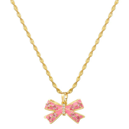 Copper 18K Gold Plated IG Style Casual Sweet Enamel Plating Inlay Bow Knot Zircon Pendant Necklace