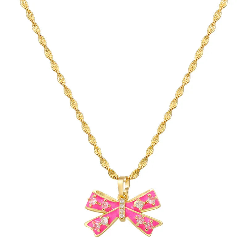 Copper 18K Gold Plated IG Style Casual Sweet Enamel Plating Inlay Bow Knot Zircon Pendant Necklace