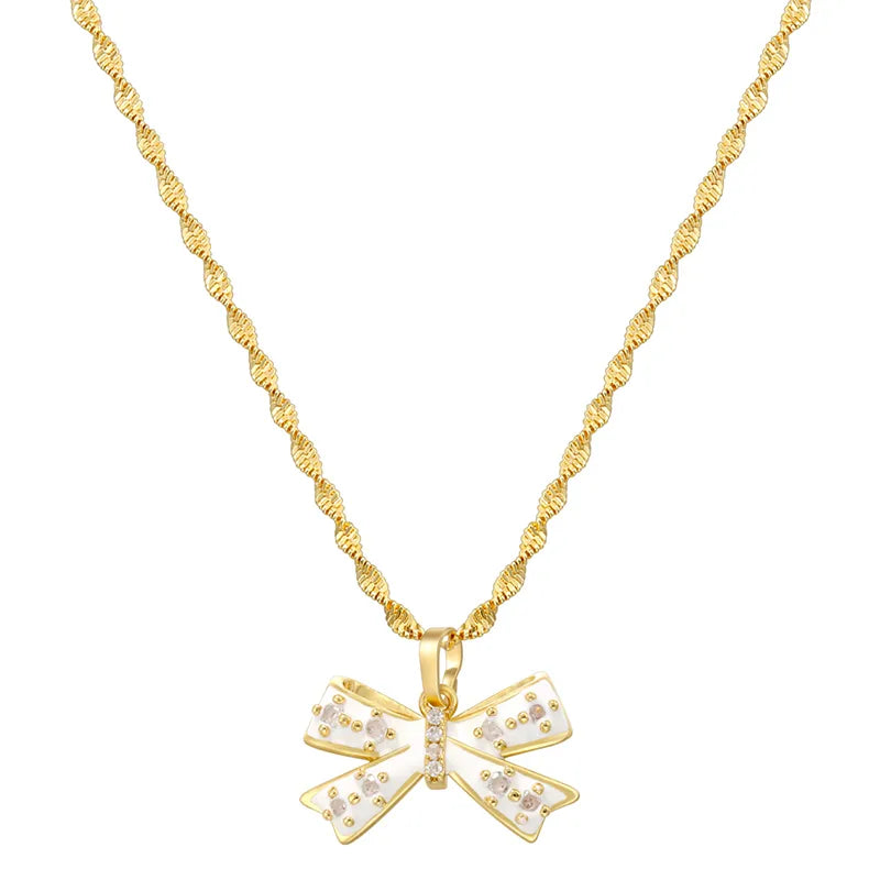 Copper 18K Gold Plated IG Style Casual Sweet Enamel Plating Inlay Bow Knot Zircon Pendant Necklace