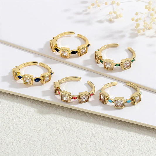 Copper 18K Gold Plated IG Style Casual Sweet Inlay Square Zircon Open Rings