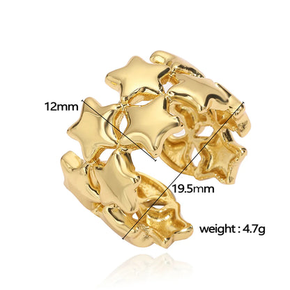 Copper 18K Gold Plated IG Style Hip-Hop Vintage Style Pleated Inlay Round Star Artificial Pearls Open Rings