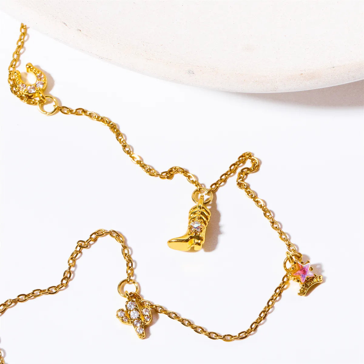 Copper 18K Gold Plated IG Style Irregular Inlay Cactus Hat Crown Zircon Pendant Necklace