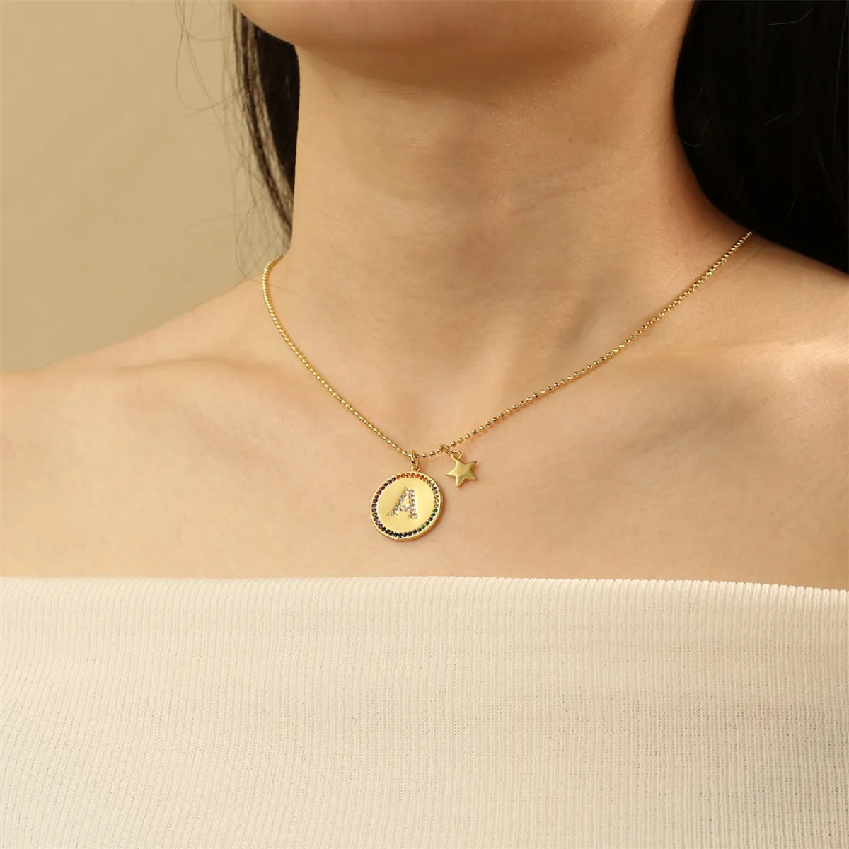 Copper 18K Gold Plated IG Style Letter Star Zircon Pendant Necklace