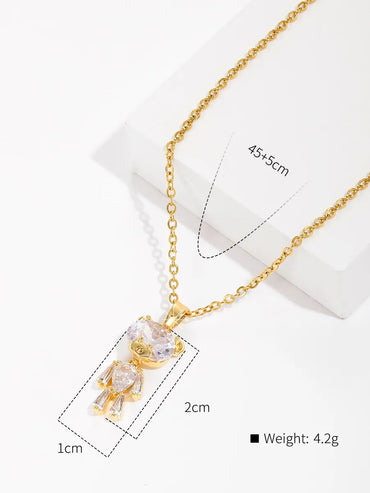 Copper 18K Gold Plated IG Style Little Bear Inlay Zircon Pendant Necklace