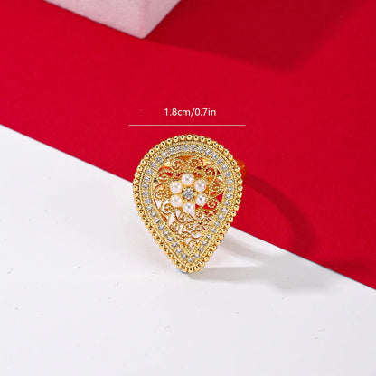 Copper 18K Gold Plated IG Style Shiny Hollow Out Inlay Water Droplets Flower Pearl Zircon Open Rings