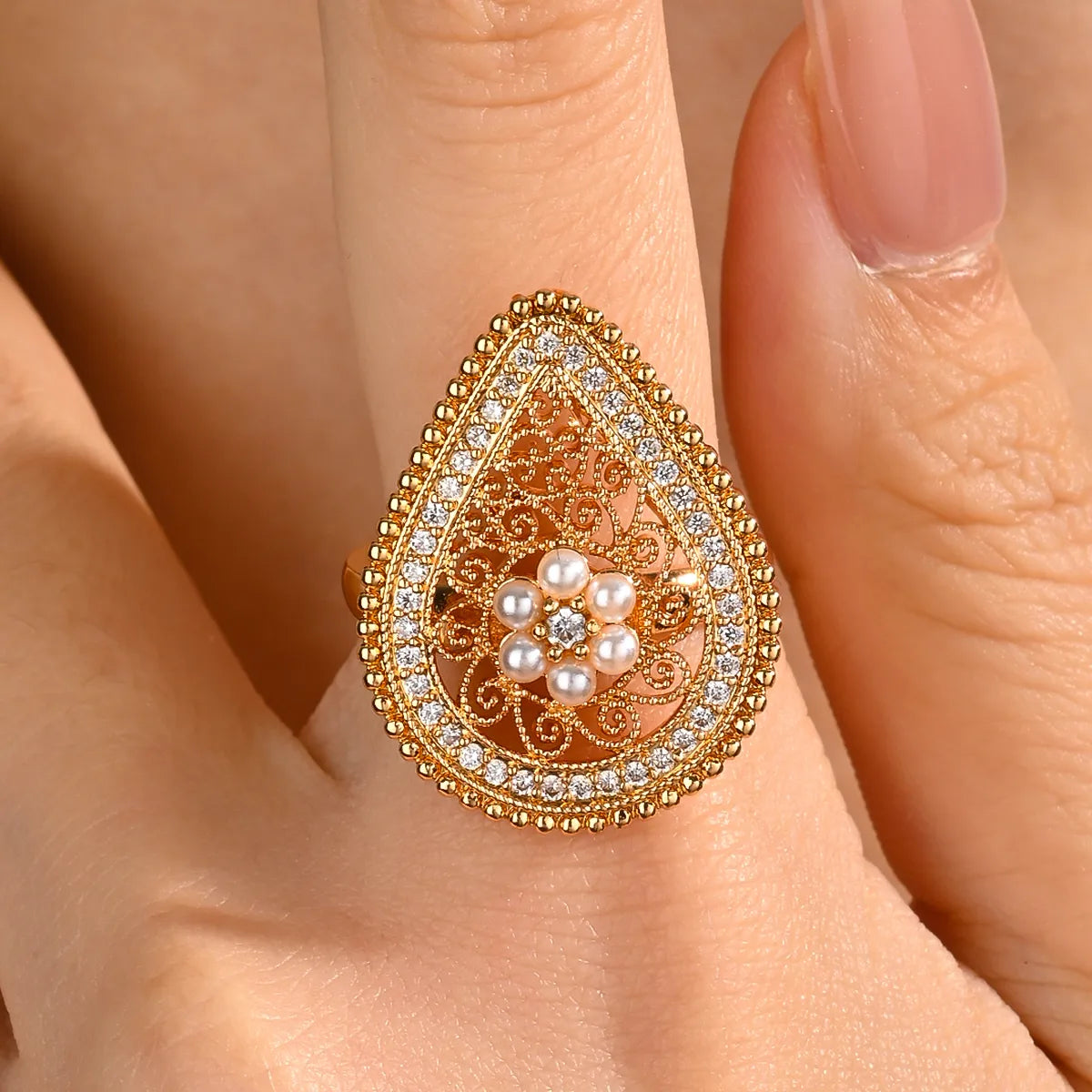 Copper 18K Gold Plated IG Style Shiny Hollow Out Inlay Water Droplets Flower Pearl Zircon Open Rings