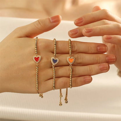 Copper 18K Gold Plated IG Style Simple Style Commute Heart Shape Handmade Enamel Inlay Zircon Bracelets