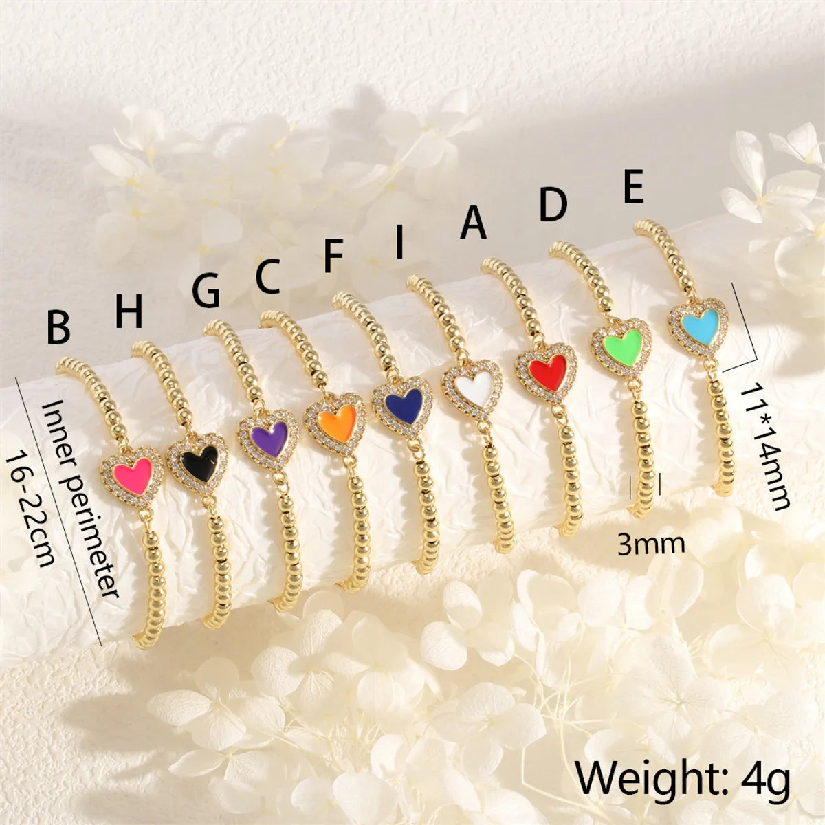 Copper 18K Gold Plated IG Style Simple Style Commute Heart Shape Handmade Enamel Inlay Zircon Bracelets