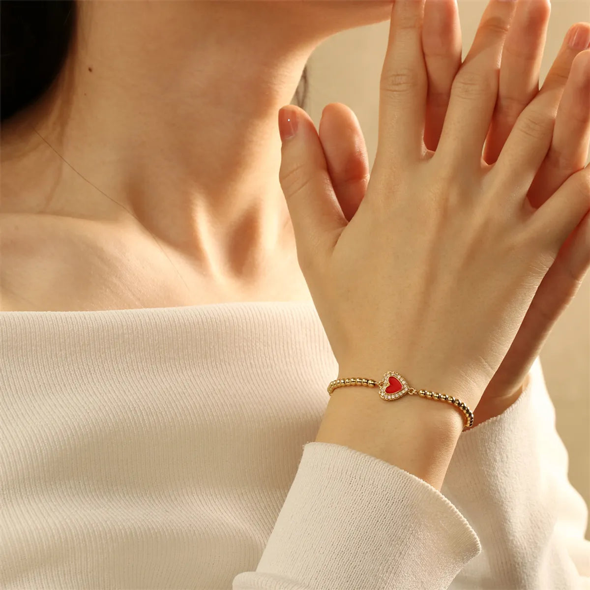 Copper 18K Gold Plated IG Style Simple Style Commute Heart Shape Handmade Enamel Inlay Zircon Bracelets