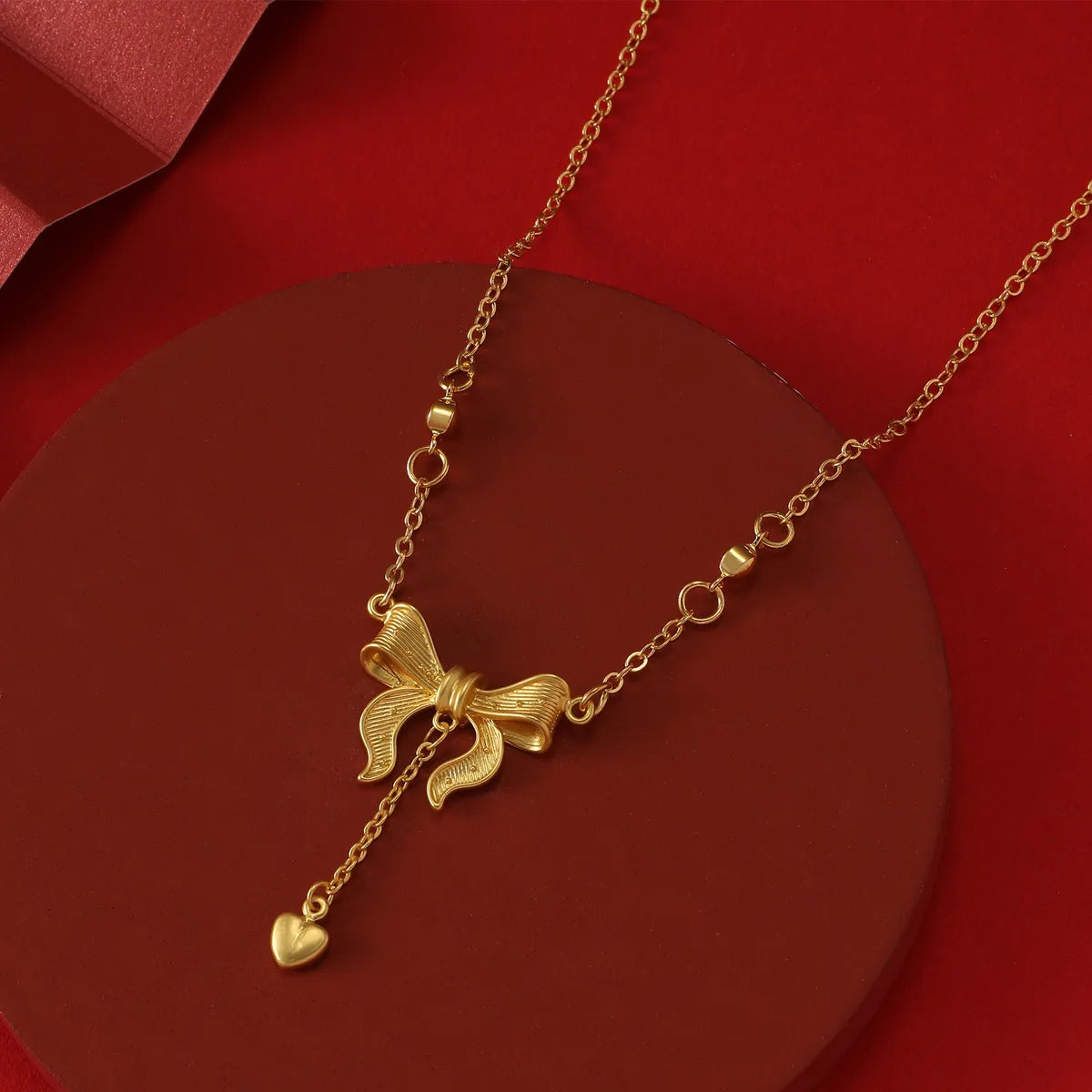 Copper 18K Gold Plated IG Style Simple Style Heart Shape Bow Knot Pendant Necklace