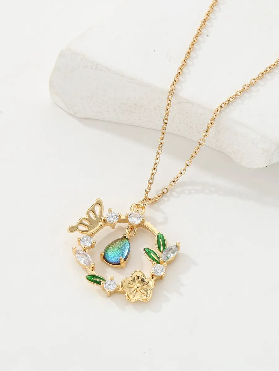 Copper 18K Gold Plated IG Style Water Droplets Wreath Butterfly Inlay Zircon Pendant Necklace