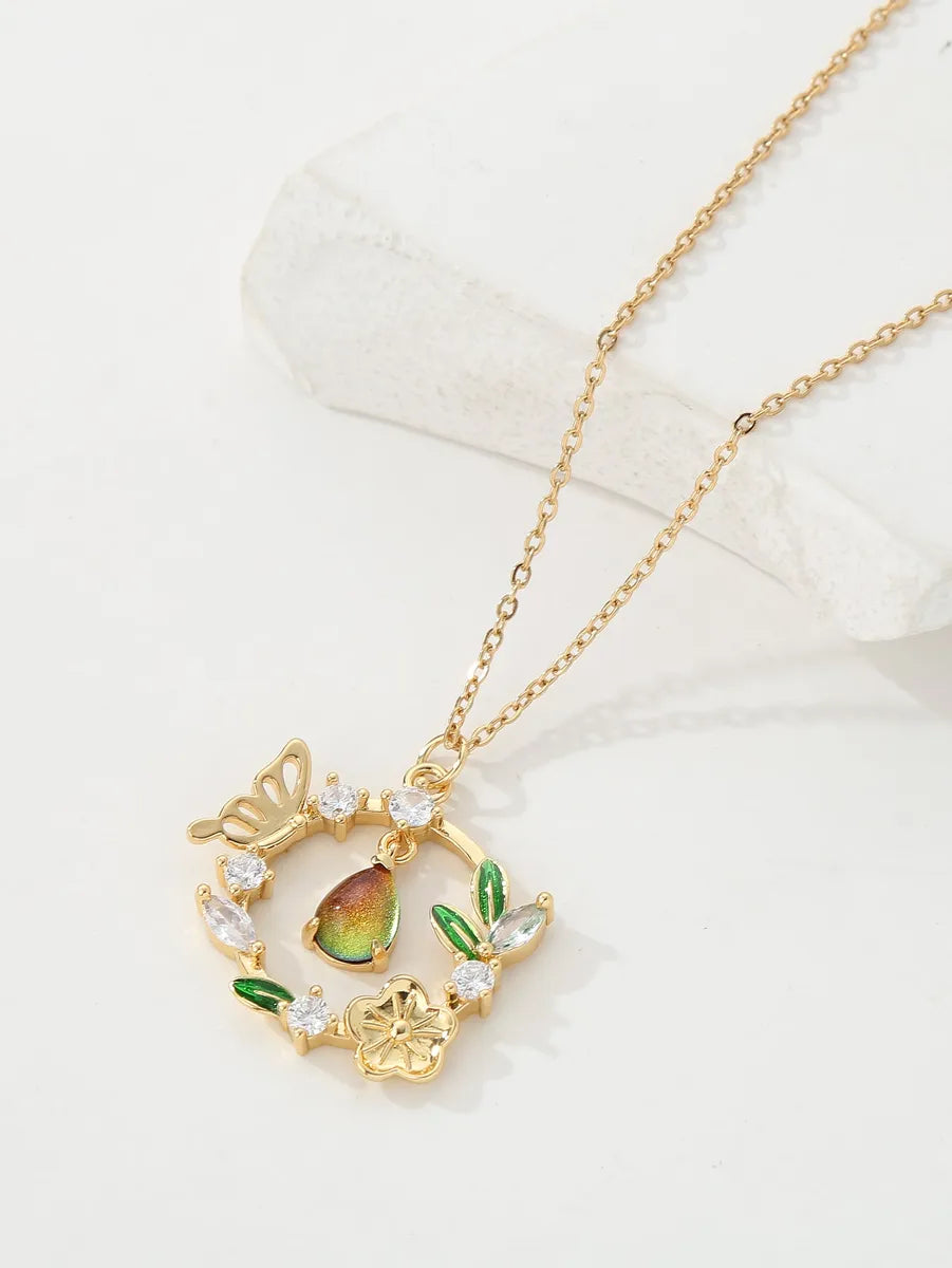 Copper 18K Gold Plated IG Style Water Droplets Wreath Butterfly Inlay Zircon Pendant Necklace