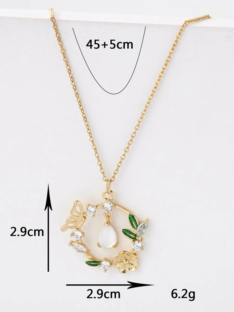 Copper 18K Gold Plated IG Style Water Droplets Wreath Butterfly Inlay Zircon Pendant Necklace