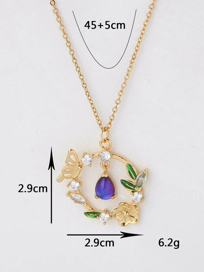 Copper 18K Gold Plated IG Style Water Droplets Wreath Butterfly Inlay Zircon Pendant Necklace