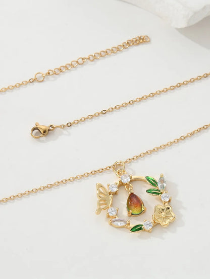 Copper 18K Gold Plated IG Style Water Droplets Wreath Butterfly Inlay Zircon Pendant Necklace