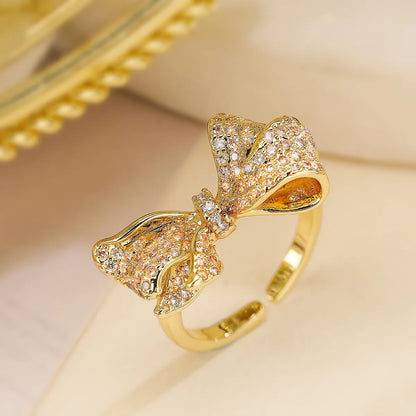 Copper 18K Gold Plated Inlay Bow Knot Zircon Open Rings