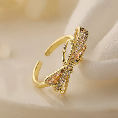 Copper 18K Gold Plated Inlay Bow Knot Zircon Open Rings