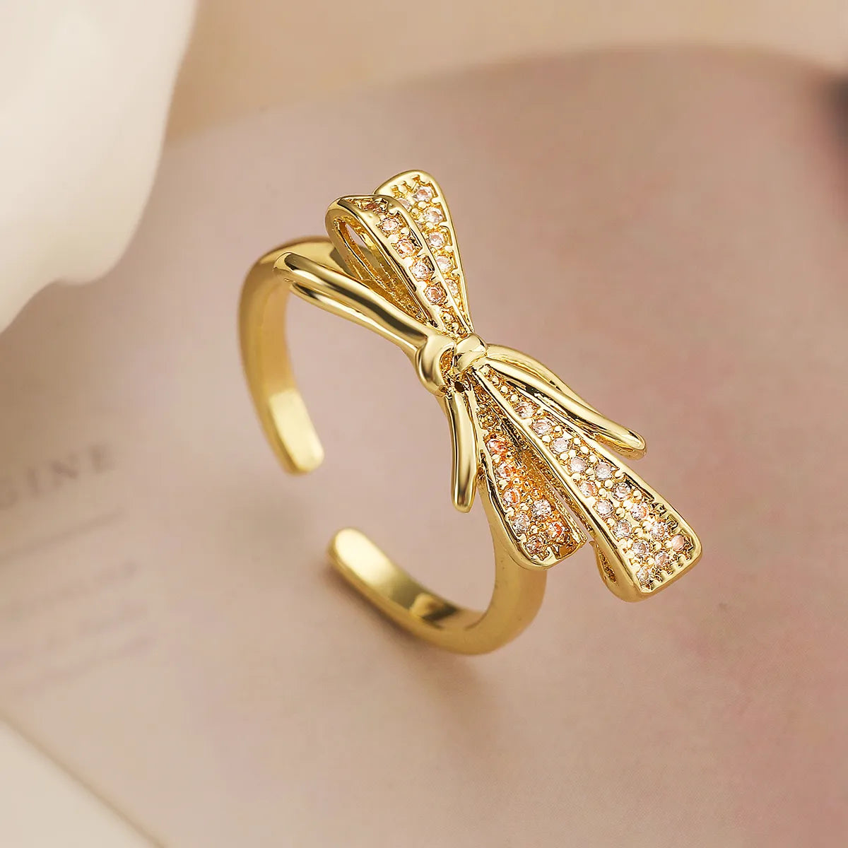 Copper 18K Gold Plated Inlay Bow Knot Zircon Open Rings