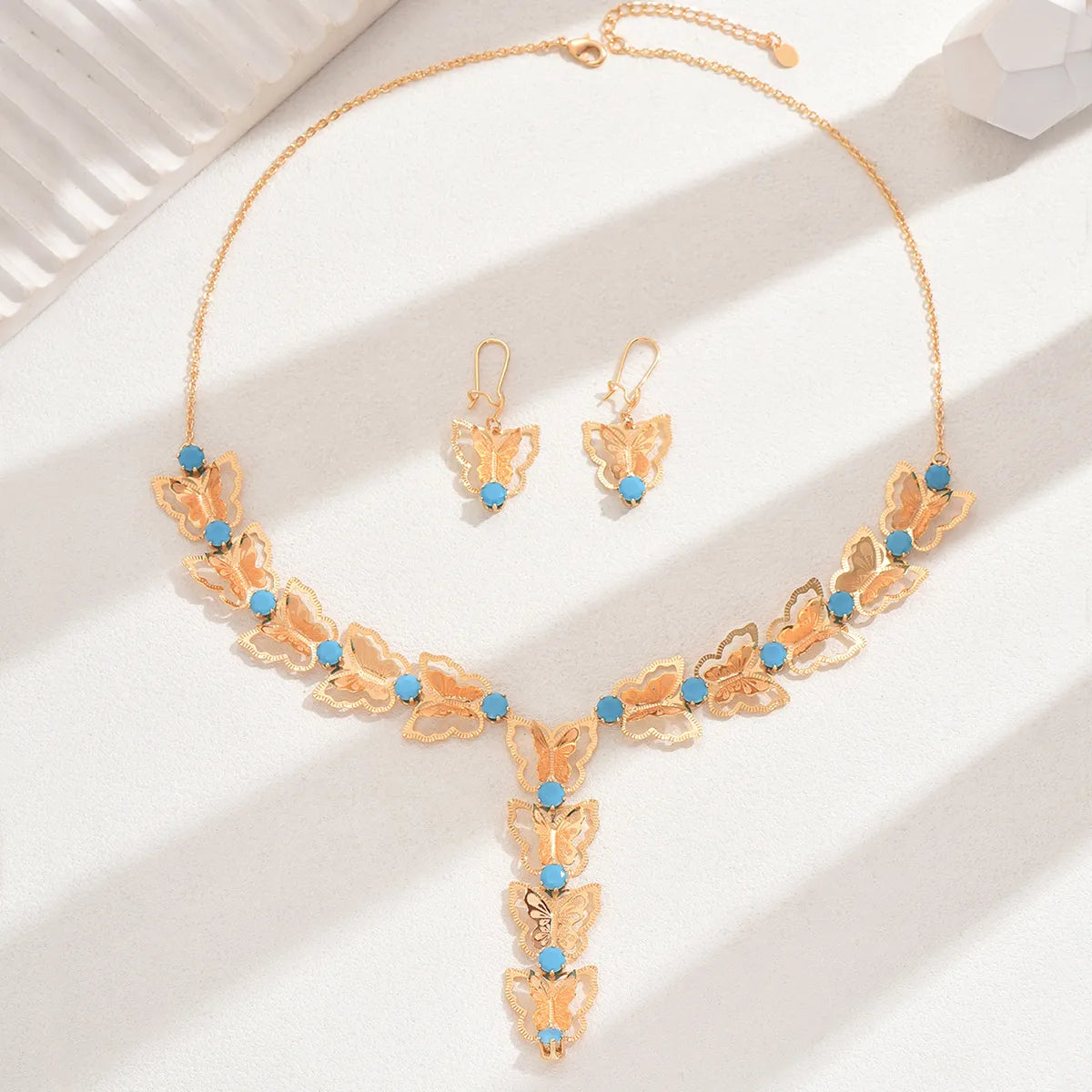 Copper 18K Gold Plated Inlay Butterfly Zircon Earrings Necklace Jewelry Set