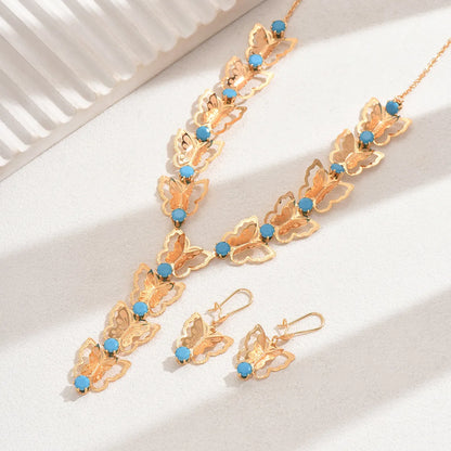 Copper 18K Gold Plated Inlay Butterfly Zircon Earrings Necklace Jewelry Set