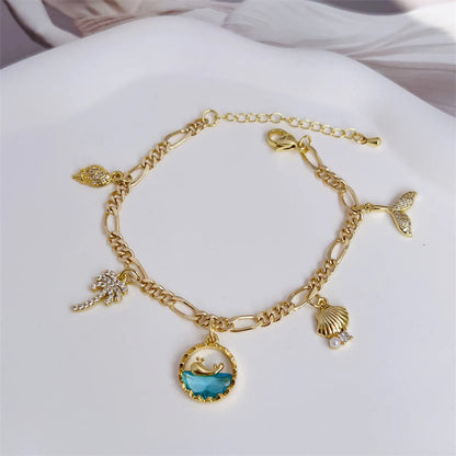 Copper 18K Gold Plated Inlay Coconut Tree Conch Dolphin Zircon Bracelets