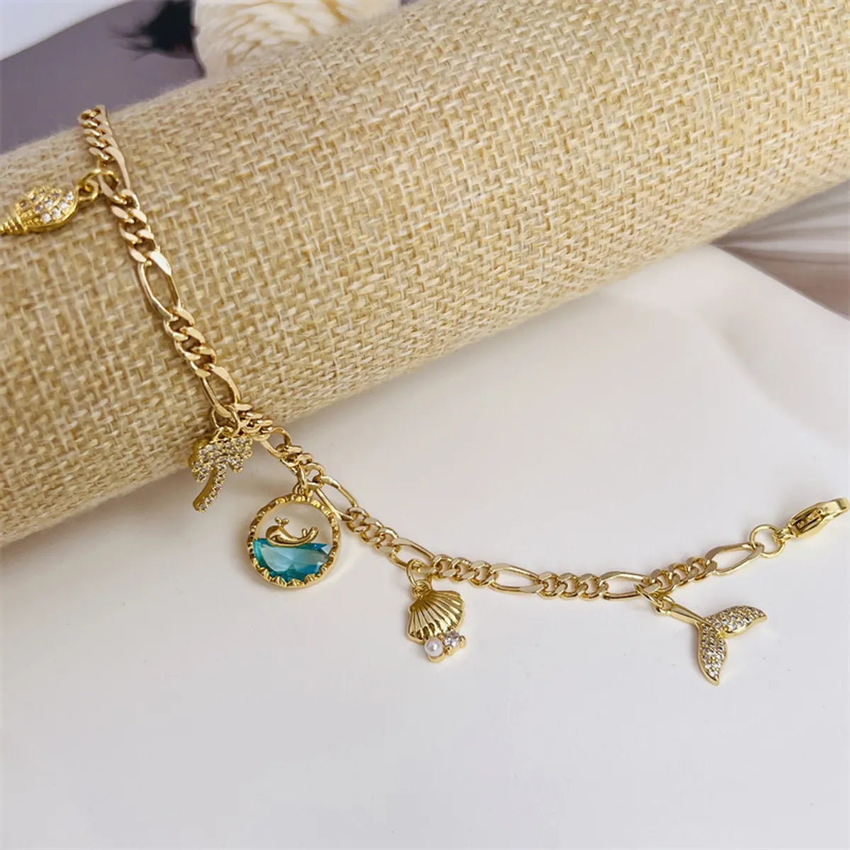 Copper 18K Gold Plated Inlay Coconut Tree Conch Dolphin Zircon Bracelets