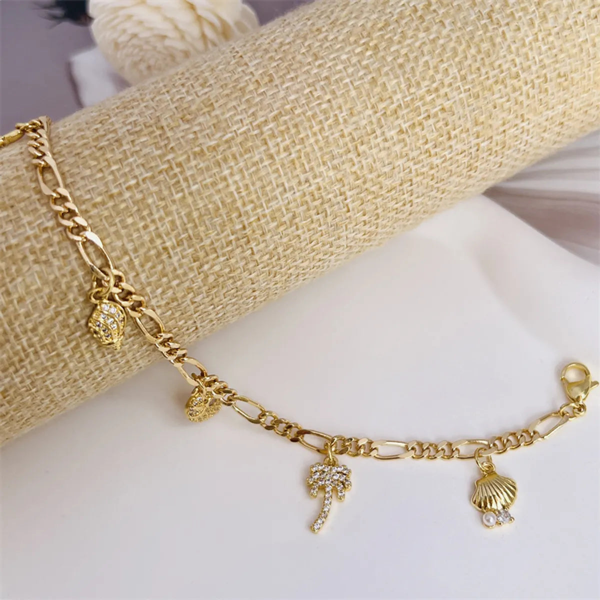 Copper 18K Gold Plated Inlay Coconut Tree Conch Dolphin Zircon Bracelets