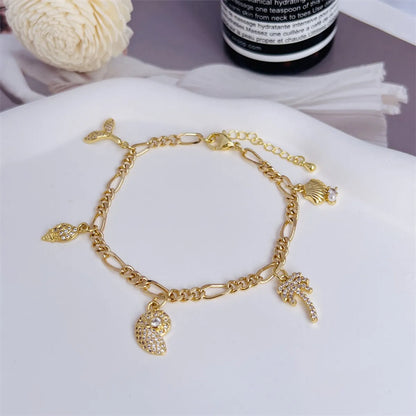 Copper 18K Gold Plated Inlay Coconut Tree Conch Dolphin Zircon Bracelets