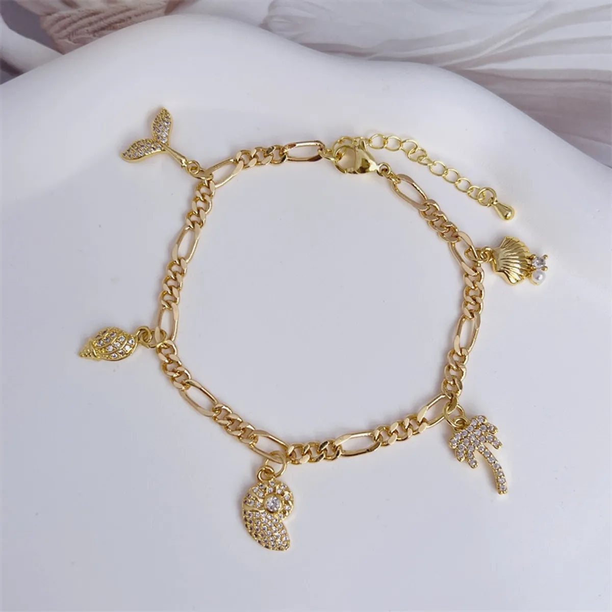 Copper 18K Gold Plated Inlay Coconut Tree Conch Dolphin Zircon Bracelets