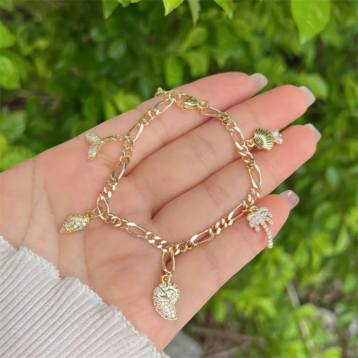 Copper 18K Gold Plated Inlay Coconut Tree Conch Dolphin Zircon Bracelets