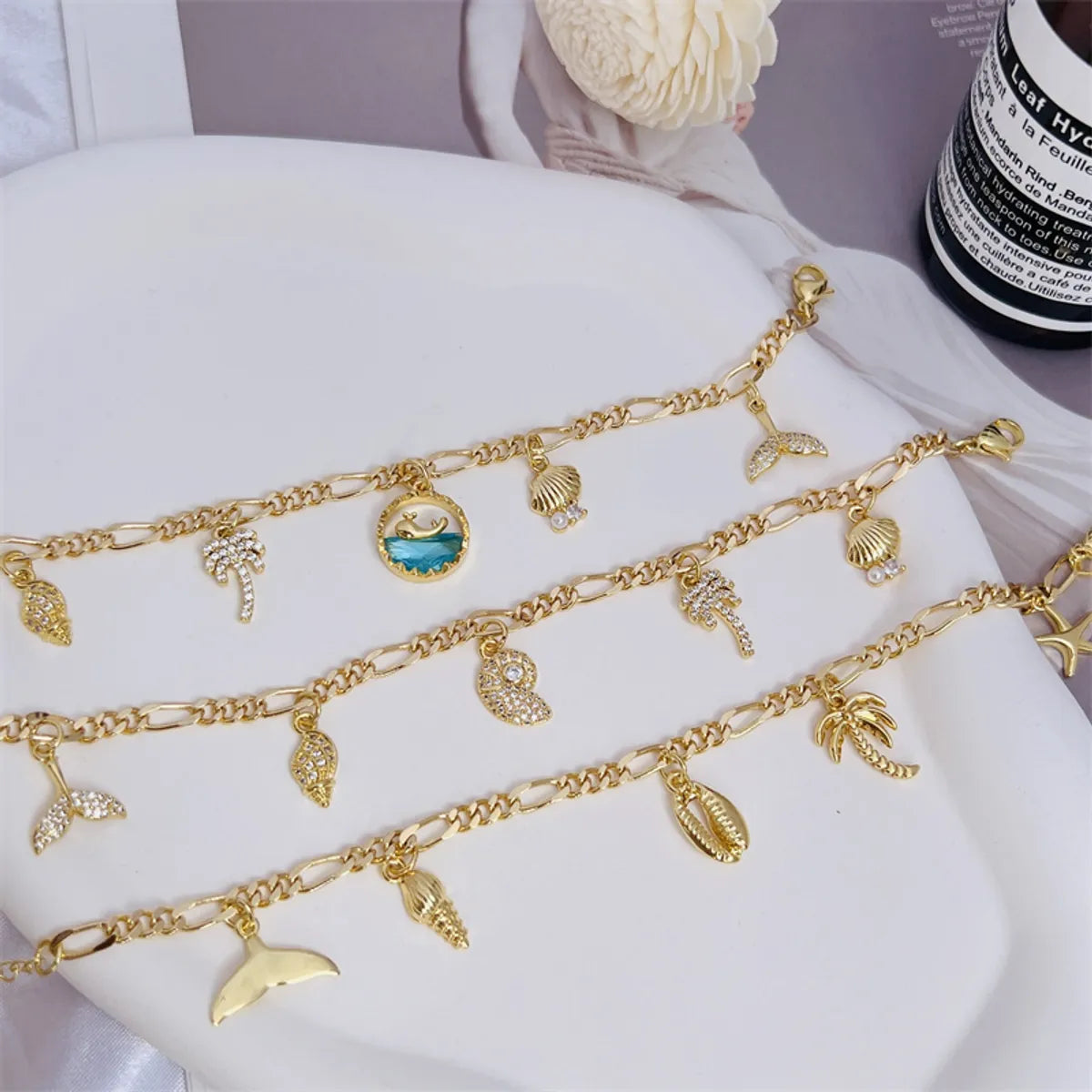 Copper 18K Gold Plated Inlay Coconut Tree Conch Dolphin Zircon Bracelets