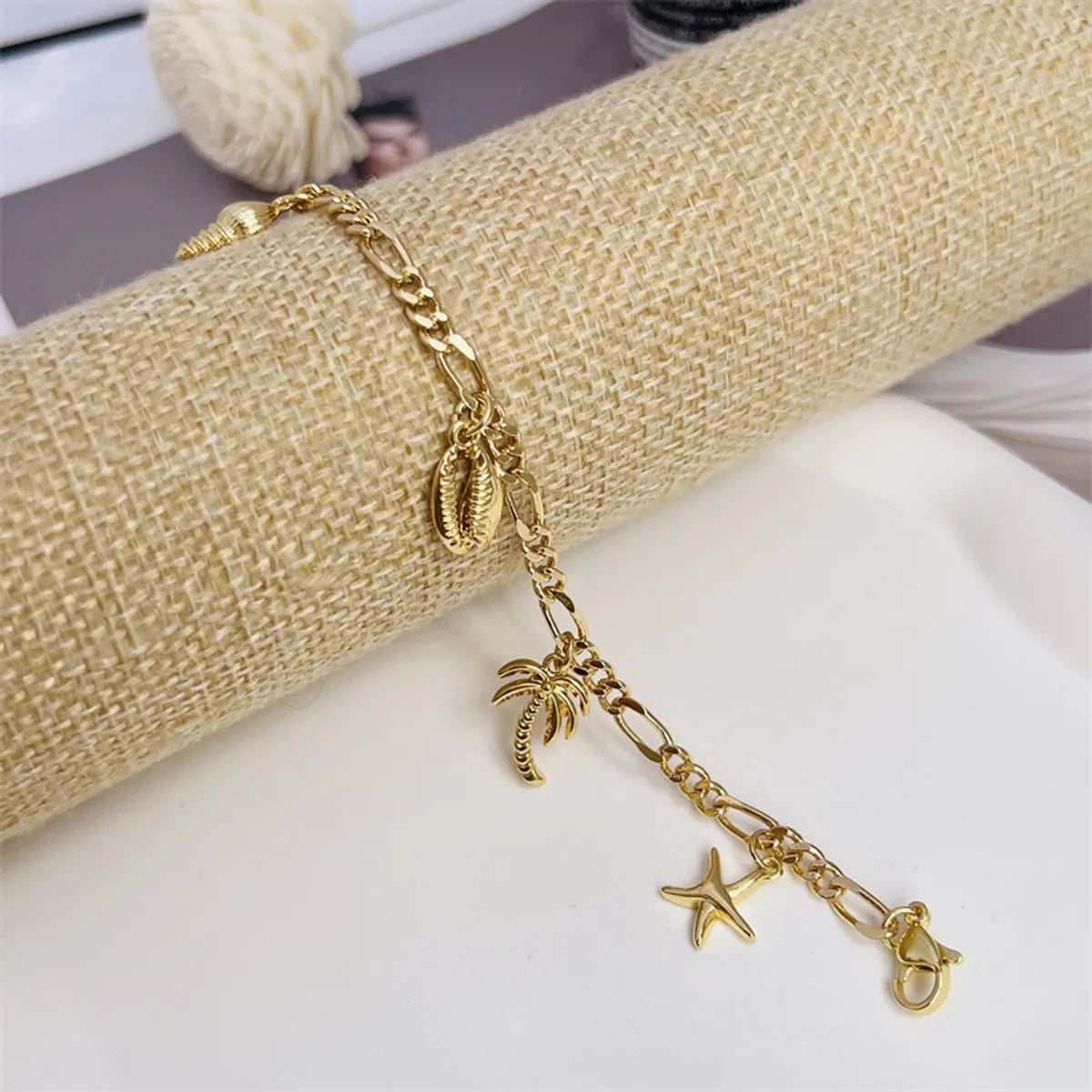 Copper 18K Gold Plated Inlay Coconut Tree Conch Dolphin Zircon Bracelets