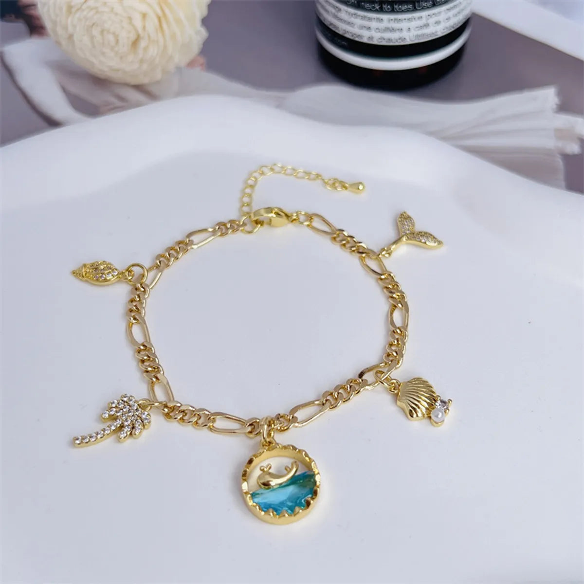 Copper 18K Gold Plated Inlay Coconut Tree Conch Dolphin Zircon Bracelets