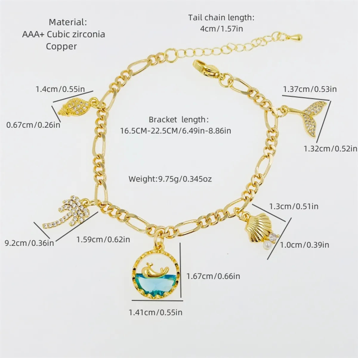 Copper 18K Gold Plated Inlay Coconut Tree Conch Dolphin Zircon Bracelets