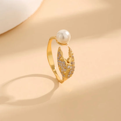 Copper 18K Gold Plated Inlay Crab Pincer Pearl Zircon Open Rings