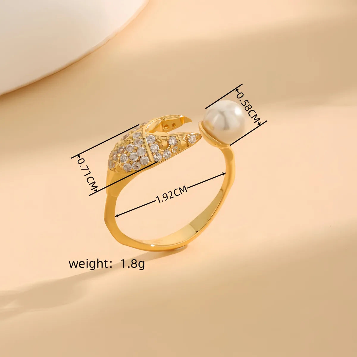 Copper 18K Gold Plated Inlay Crab Pincer Pearl Zircon Open Rings