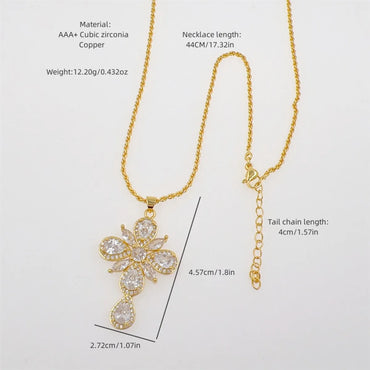 Copper 18K Gold Plated Inlay Cross Water Droplets Zircon Pendant Necklace