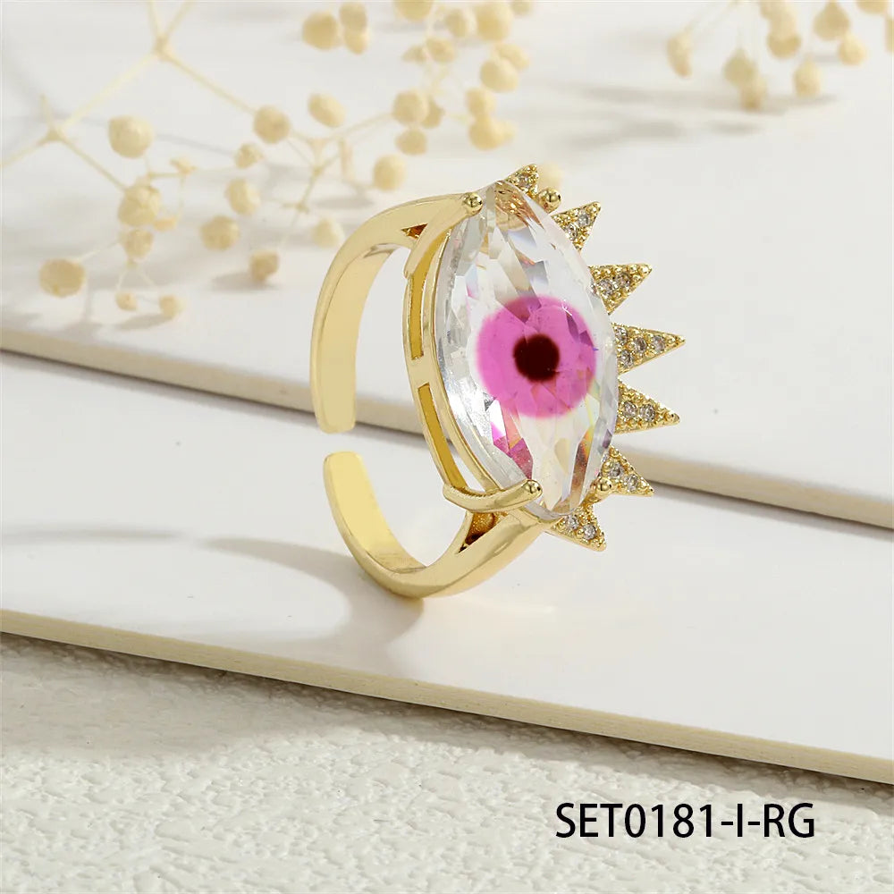 Copper 18K Gold Plated Inlay Devil'S Eye Eye Glass Zircon Open Rings