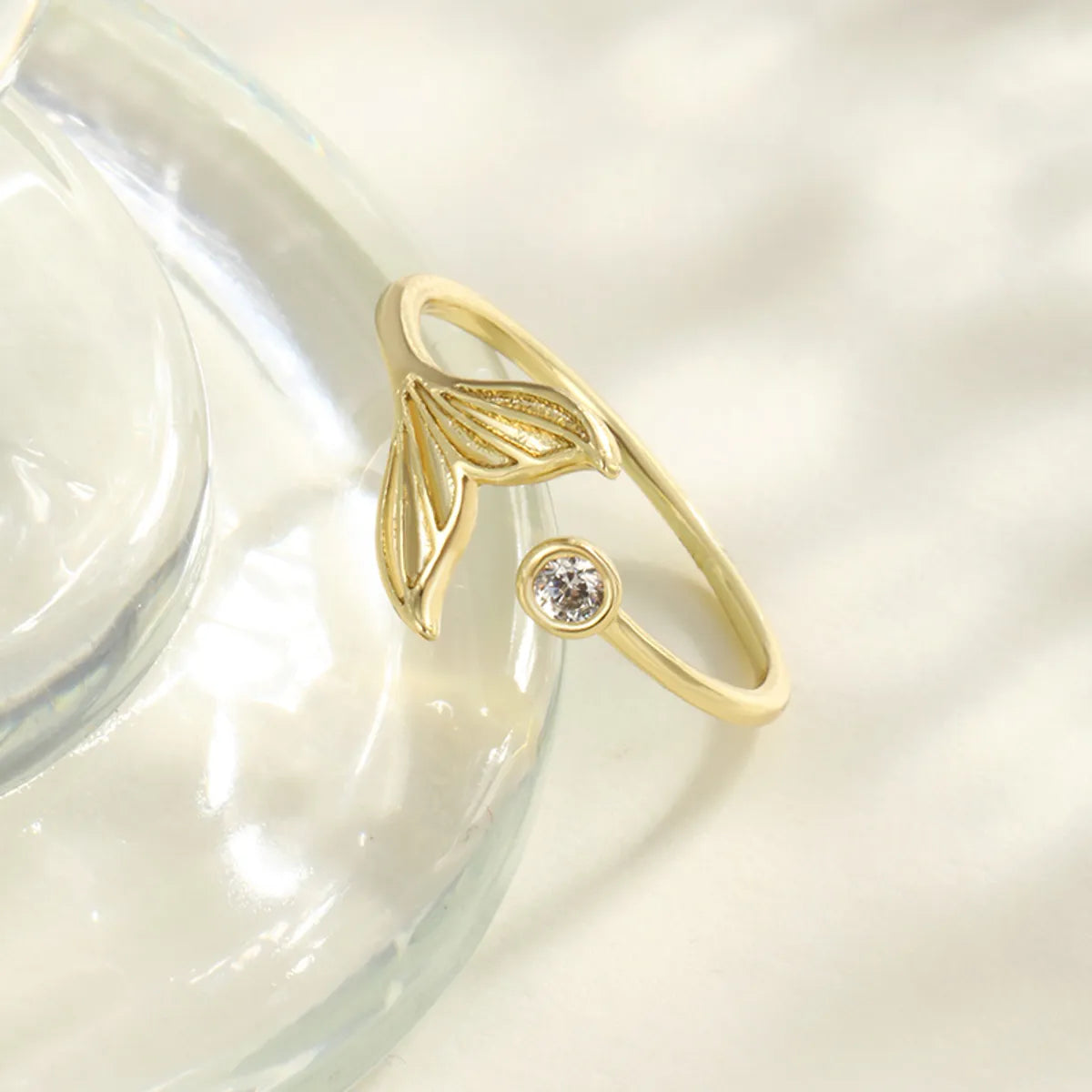 Copper 18K Gold Plated Inlay Geometric Butterfly Fish Tail Artificial Gemstones Open Rings