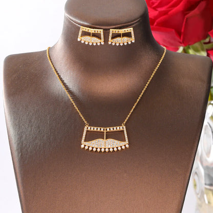 Copper 18K Gold Plated Inlay Geometric Seed Bead Zircon Earrings Necklace Jewelry Set