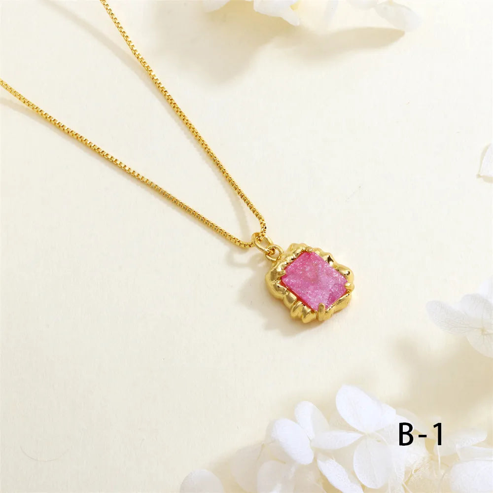 Copper 18K Gold Plated Inlay Geometric Square Artificial Crystal Pendant Necklace