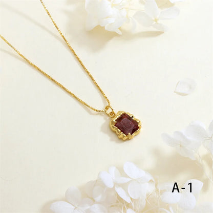 Copper 18K Gold Plated Inlay Geometric Square Artificial Crystal Pendant Necklace